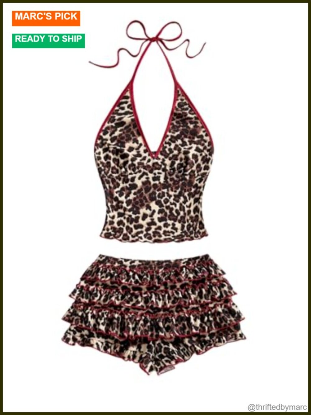 Women's Leopard Print 2 Piece Halter Top Mini Shorts Set Y2K